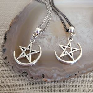 Pentagram Half Moon Necklace, Your Choice of Curb Chain, Five Pointed Star Pagan Wiccan Jewelry