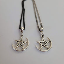 Load image into Gallery viewer, Pentagram Half Moon Necklace, Your Choice of Curb Chain, Five Pointed Star Pagan Wiccan Jewelry
