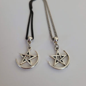 Pentagram Half Moon Necklace, Your Choice of Curb Chain, Five Pointed Star Pagan Wiccan Jewelry