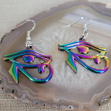 Load image into Gallery viewer, Eye of Ra Earrings, Iridescent Titanium Rainbow Plated, Dangle Drop Earrings, Egyptian Jewelry
