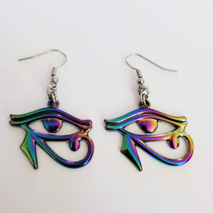 Eye of Ra Earrings, Iridescent Titanium Rainbow Plated, Dangle Drop Earrings, Egyptian Jewelry