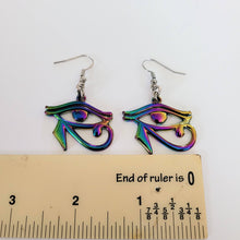 Load image into Gallery viewer, Eye of Ra Earrings, Iridescent Titanium Rainbow Plated, Dangle Drop Earrings, Egyptian Jewelry
