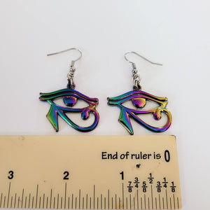 Eye of Ra Earrings, Iridescent Titanium Rainbow Plated, Dangle Drop Earrings, Egyptian Jewelry