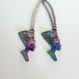 Titanium Queen Nefertiti Necklace, Your Choice of Rolo Chain, Egyptian Rainbow Iridescent Mixed Metals Jewelry