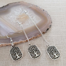 Load image into Gallery viewer, Tree of Life Earrings, Your Choice of Three Lengths, Long Dangle Drop Chain Earrings
