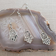 Load image into Gallery viewer, Hamsa Earrings, Your Choice of Three Lengths, Long Dangle Drop Chain Earrings
