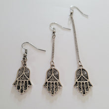 Load image into Gallery viewer, Hamsa Earrings, Your Choice of Three Lengths, Long Dangle Drop Chain Earrings

