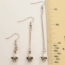 Load image into Gallery viewer, Fleur de Lis Earrings, Your Choice of Three Lengths, Dangle Drop Chain Earrings, Louisiana Jewelry
