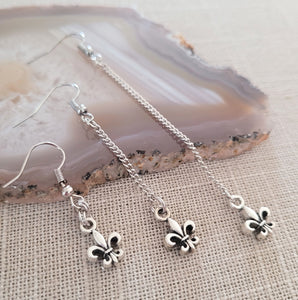 Fleur de Lis Earrings, Your Choice of Three Lengths, Dangle Drop Chain Earrings, Louisiana Jewelry