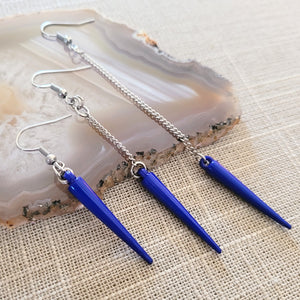 Royal Blue  Spike Earrings, Long Dangle Chain Earrings in Your Choice of Three Lengths