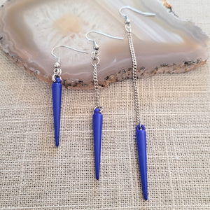 Royal Blue  Spike Earrings, Long Dangle Chain Earrings in Your Choice of Three Lengths