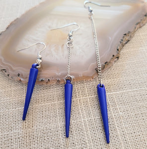 Royal Blue  Spike Earrings, Long Dangle Chain Earrings in Your Choice of Three Lengths