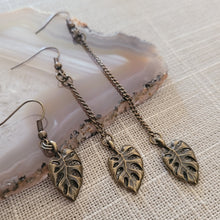 Load image into Gallery viewer, Monstera Leaf Earrings, Your Choice of Three Lengths, Dangle Drop Chain Earrings
