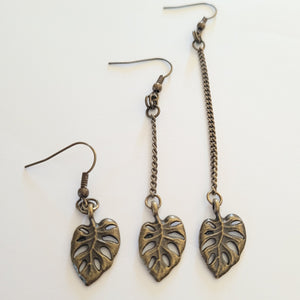 Monstera Leaf Earrings, Your Choice of Three Lengths, Dangle Drop Chain Earrings