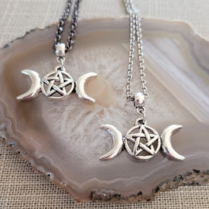 Triple Moon Necklace, Your Choice of Gunmetal or Silver Rolo Chain, Pagan Goddess Jewelry