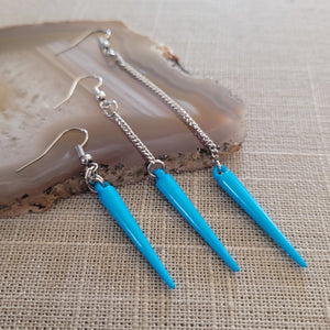 Sky Blue Blue  Spike Earrings, Long Dangle Chain Earrings in Your Choice of Three Lengths
