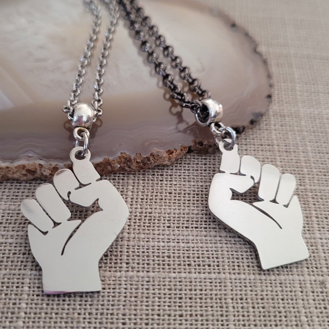 Raised Fist Necklace, Your Choice of Gunmetal or Silver Rolo Chain, Black Power BLM Resist Jewelry