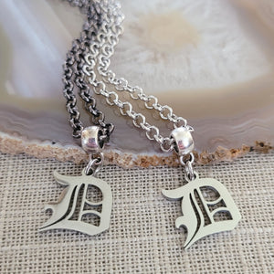 Detroit Necklace, Olde English D Necklace, Your Choice of Gunmetal or Silver Rolo Chain, 313 Jewelry