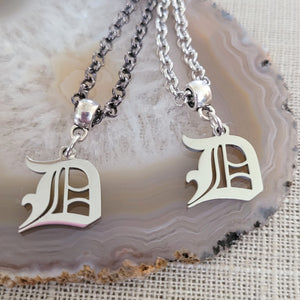 Detroit Necklace, Olde English D Necklace, Your Choice of Gunmetal or Silver Rolo Chain, 313 Jewelry