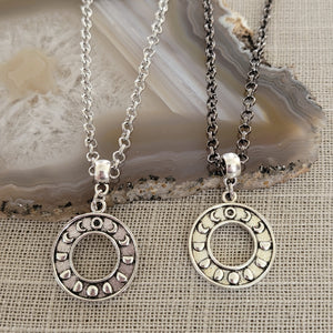 Moon Phase Necklace, Your Choice of Gunmetal or Silver Rolo Chain