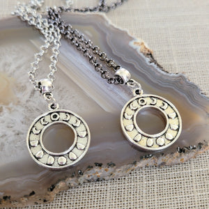 Moon Phase Necklace, Your Choice of Gunmetal or Silver Rolo Chain