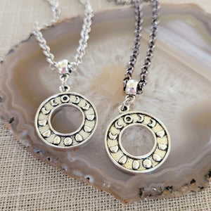 Moon Phase Necklace, Your Choice of Gunmetal or Silver Rolo Chain