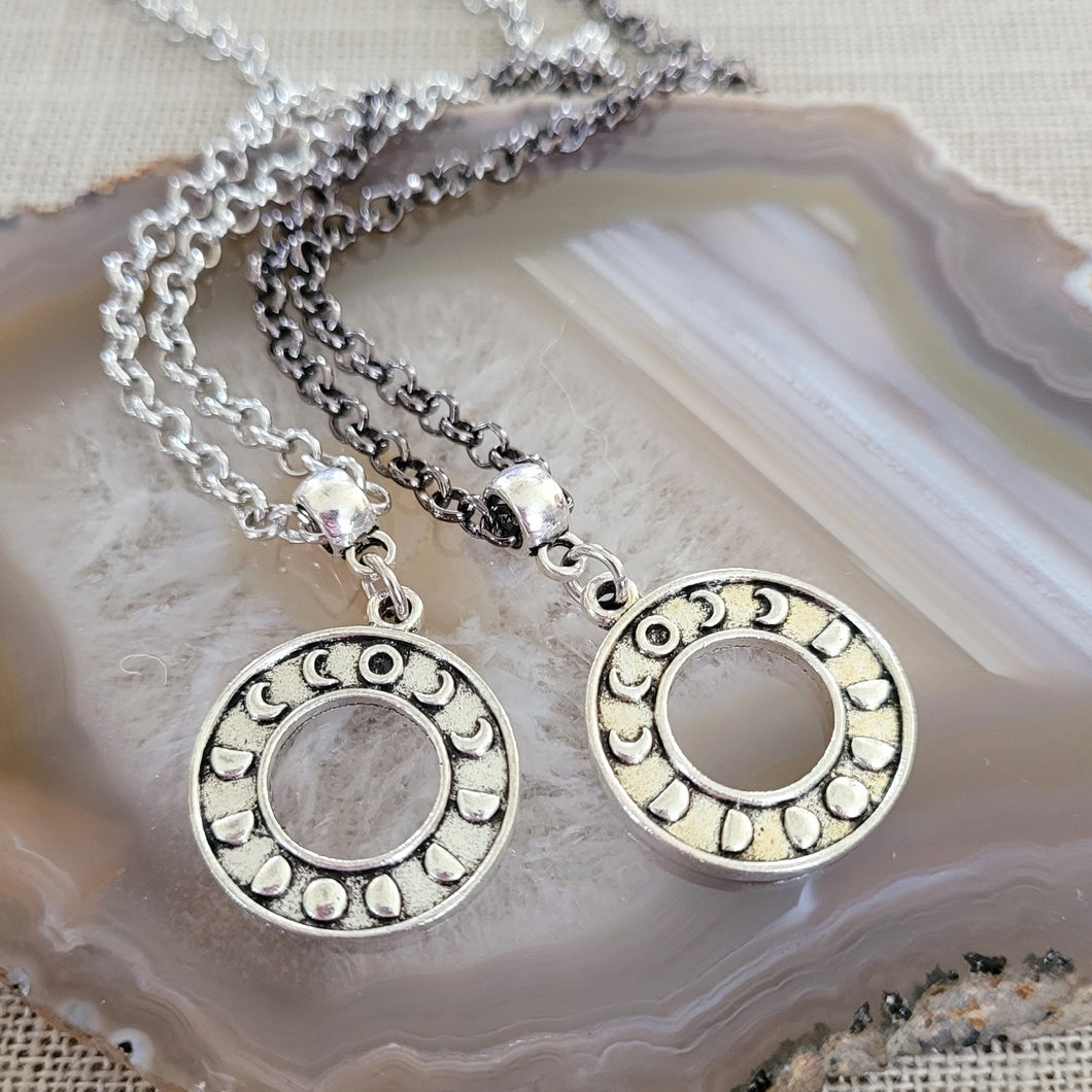 Moon Phase Necklace, Your Choice of Gunmetal or Silver Rolo Chain