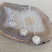 Load image into Gallery viewer, Smiley Face Earrings, Your Choice of Three Lengths, Dangle Drop Chain Earrings
