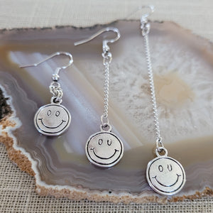 Smiley Face Earrings, Your Choice of Three Lengths, Dangle Drop Chain Earrings