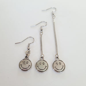 Smiley Face Earrings, Your Choice of Three Lengths, Dangle Drop Chain Earrings