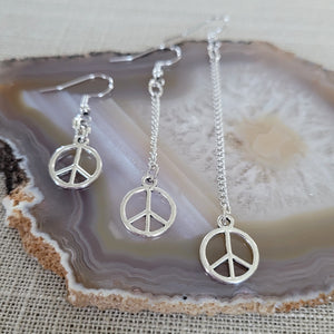 Peace Sign Earrings, Your Choice of Three Lengths, Dangle Drop Chain Earrings