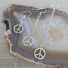 Load image into Gallery viewer, Peace Sign Earrings, Your Choice of Three Lengths, Dangle Drop Chain Earrings
