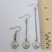 Load image into Gallery viewer, Peace Sign Earrings, Your Choice of Three Lengths, Dangle Drop Chain Earrings
