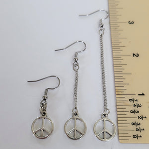 Peace Sign Earrings, Your Choice of Three Lengths, Dangle Drop Chain Earrings