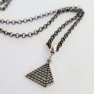 Pyramid Necklace, Your Choice of Gunmetal or Silver Rolo Chain, Machine Cut Stainless Steel Charms, Egyptian Jewelry