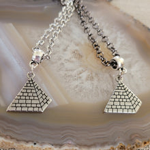 Load image into Gallery viewer, Pyramid Necklace, Your Choice of Gunmetal or Silver Rolo Chain, Machine Cut Stainless Steel Charms, Egyptian Jewelry
