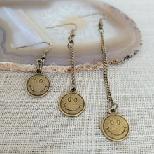 Load image into Gallery viewer, Bronze Smiley Face Earrings, Your Choice of Three Lengths, Dangle Drop Chain Earrings

