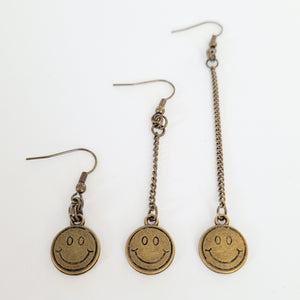 Bronze Smiley Face Earrings, Your Choice of Three Lengths, Dangle Drop Chain Earrings