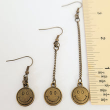 Load image into Gallery viewer, Bronze Smiley Face Earrings, Your Choice of Three Lengths, Dangle Drop Chain Earrings
