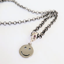 Load image into Gallery viewer, Smiley Face Necklace, Your Choice of Gunmetal or Silver Rolo Chain, Nineties Retro Jewelry
