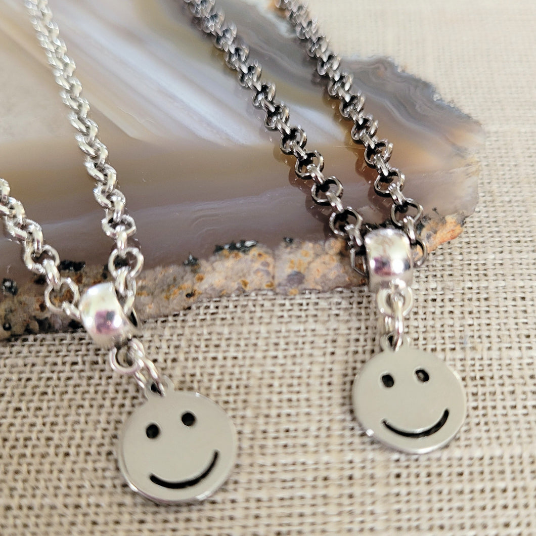 Smiley Face Necklace, Your Choice of Gunmetal or Silver Rolo Chain, Nineties Retro Jewelry