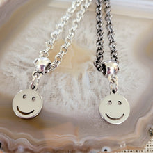 Load image into Gallery viewer, Smiley Face Necklace, Your Choice of Gunmetal or Silver Rolo Chain, Nineties Retro Jewelry
