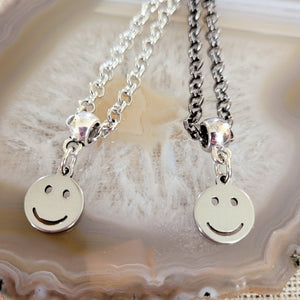 Smiley Face Necklace, Your Choice of Gunmetal or Silver Rolo Chain, Nineties Retro Jewelry