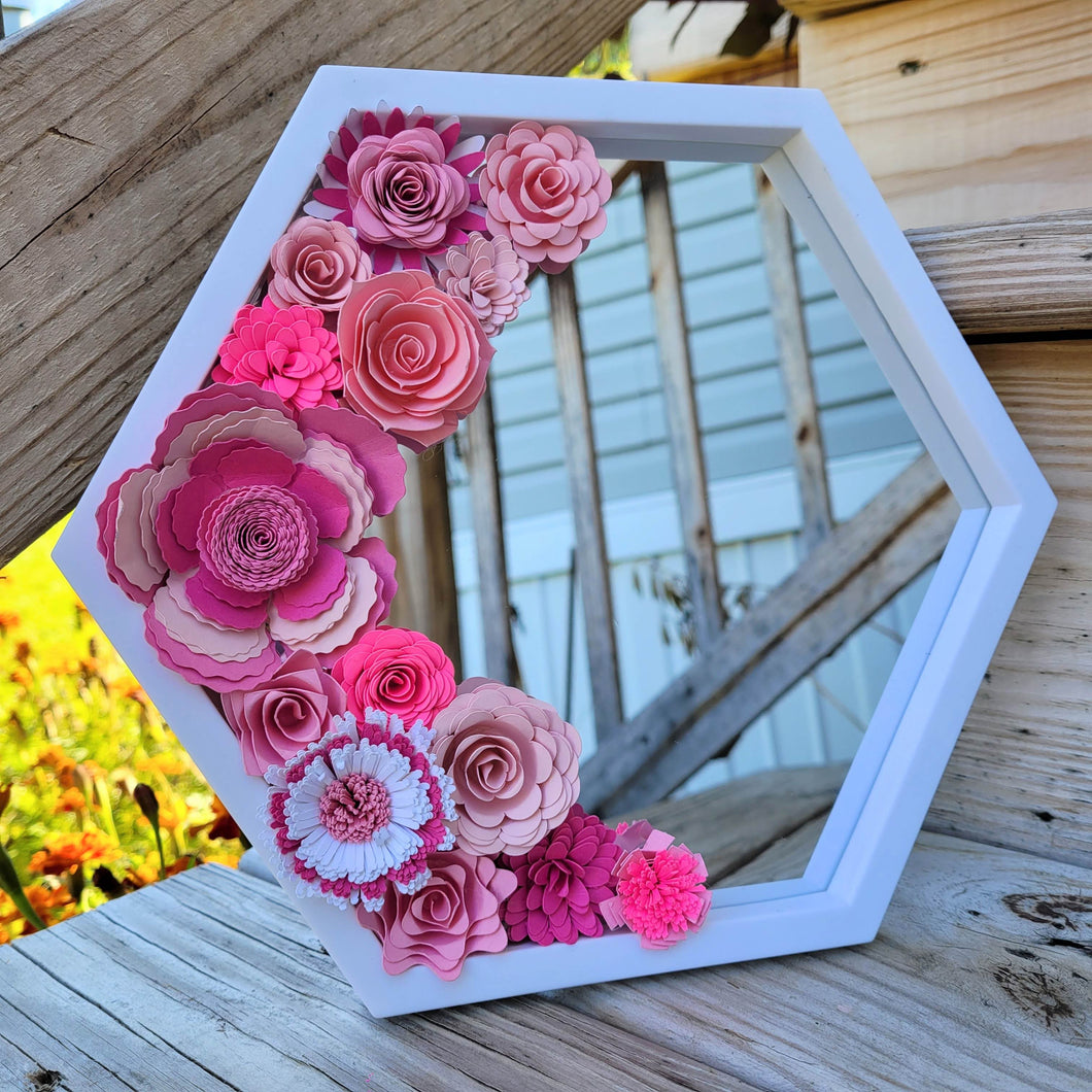 Pink Flowers Mirror, Handmade Paper Flower Wall Art, 9x9 White Hexagon Geometric Mirror, Nursery Powder Room Decor