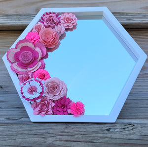 Pink Flowers Mirror, Handmade Paper Flower Wall Art, 9x9 White Hexagon Geometric Mirror, Nursery Powder Room Decor