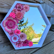 Load image into Gallery viewer, Pink Flowers Mirror, Handmade Paper Flower Wall Art, 9x9 White Hexagon Geometric Mirror, Nursery Powder Room Decor
