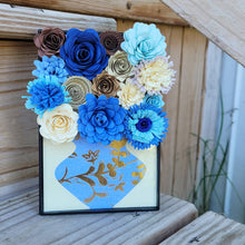 Load image into Gallery viewer, Blue and Gold Flower Filled Vase Frame, Handmade Paper Flowers, 4x6 Black Frame, Nursery Powder Room Decor
