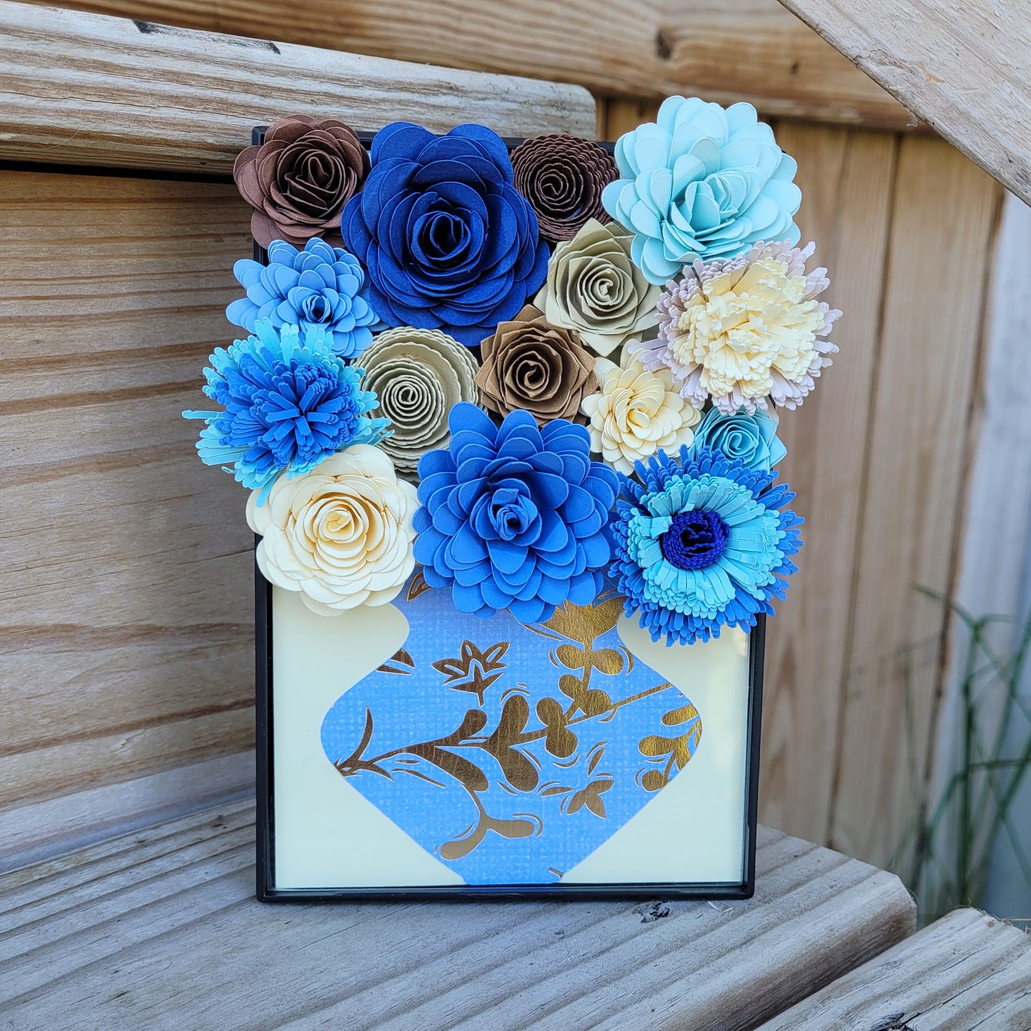 Blue and Gold Flower Filled Vase Frame, Handmade Paper Flowers