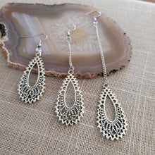 Load image into Gallery viewer, Paisley Filligree Earrings, Your Choice of Three Lengths, Dangle Drop Chain Earrings
