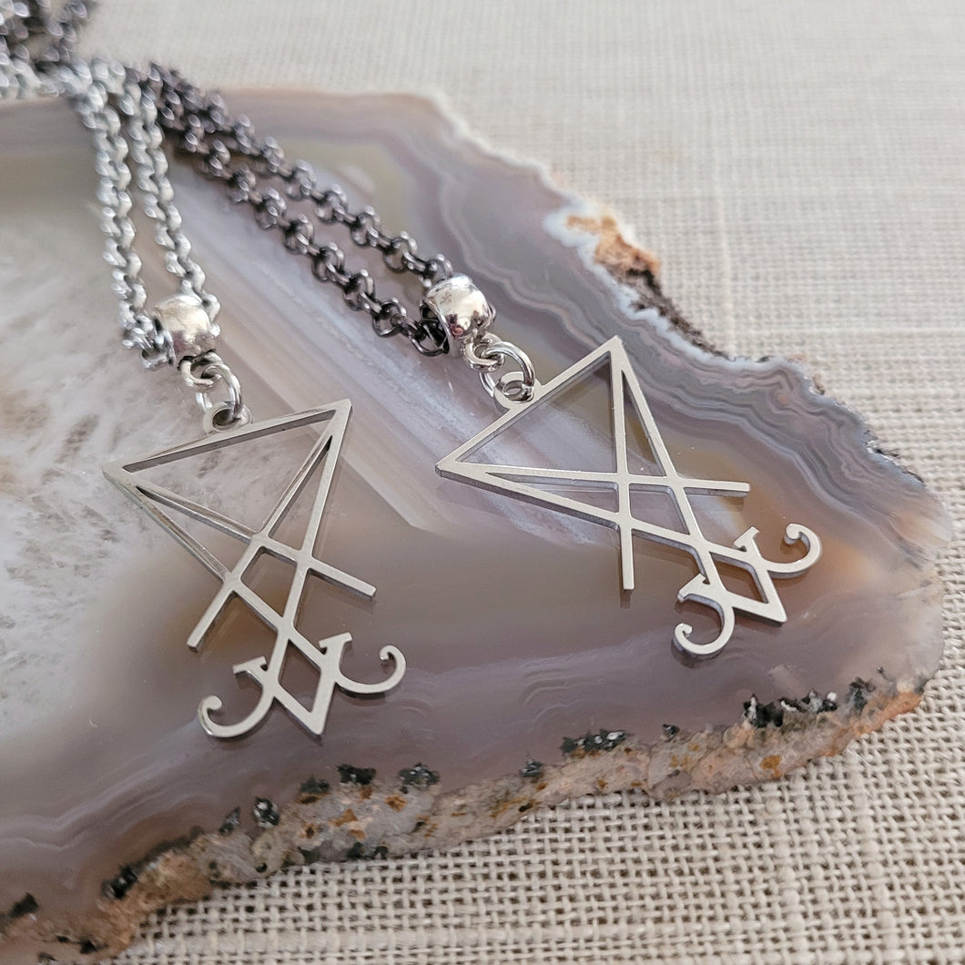 Lucifers Sigil Necklace, Your Choice of Gunmetal or Silver Rolo Chain, Mens Jewelry